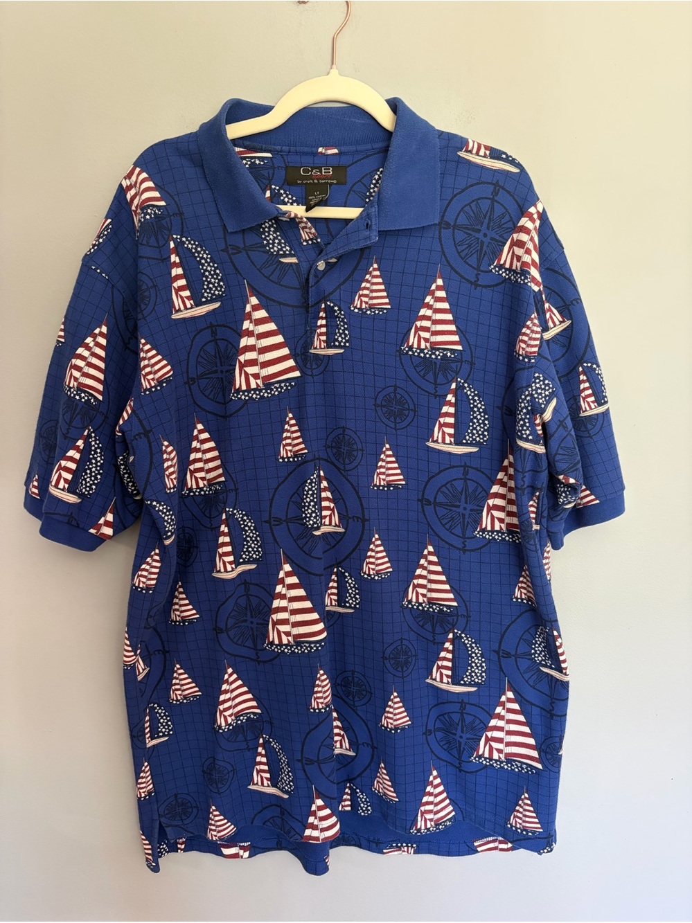 Vtg C&B Croft &Barrow Polo Shirt American Men’s L T USA Flags Sailboats Nautical